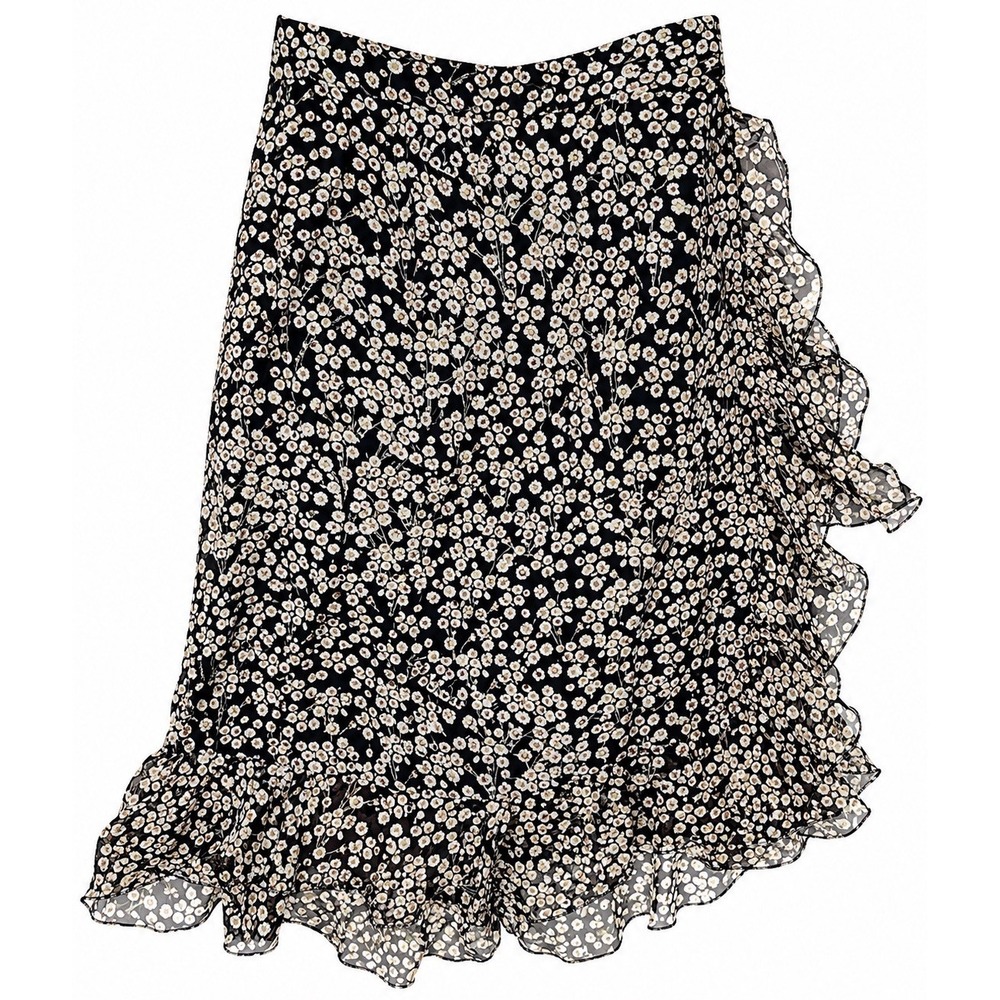 Sretsis Silk Floral Ruffle Midi Skirt Black Asymmetrical Chiffon Size 2
